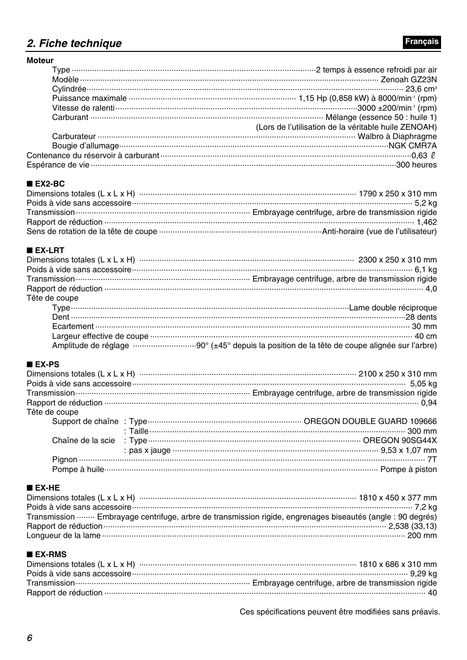 Fiche technique | Zenoah EXZ2401S User Manual | Page 6 / 112