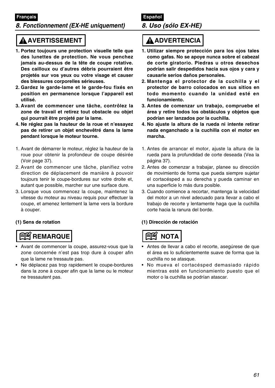 Nota advertencia | Zenoah EXZ2401S User Manual | Page 61 / 112