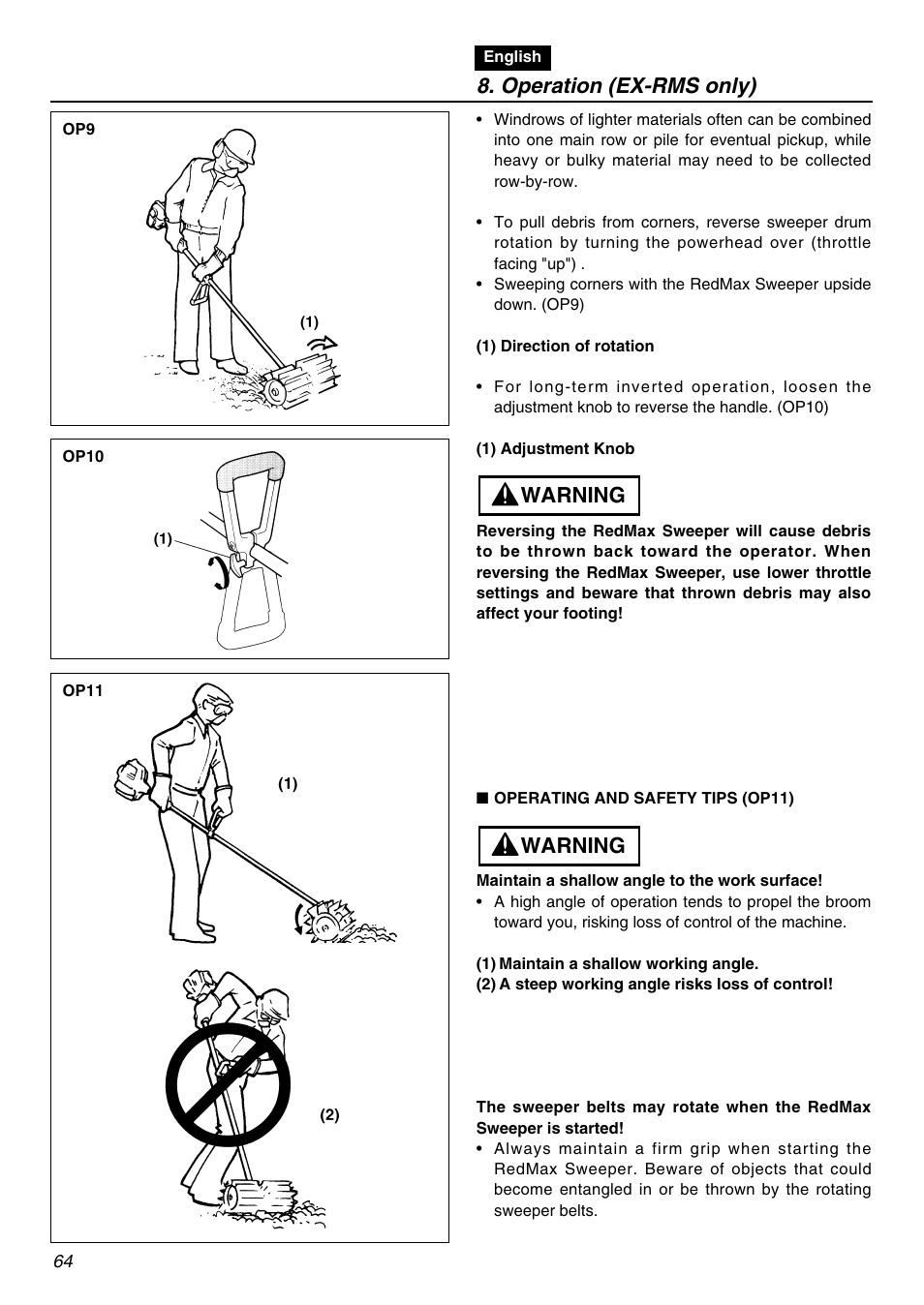 Operation (ex-rms only), Warning | Zenoah EXZ2401S User Manual | Page 64 / 112