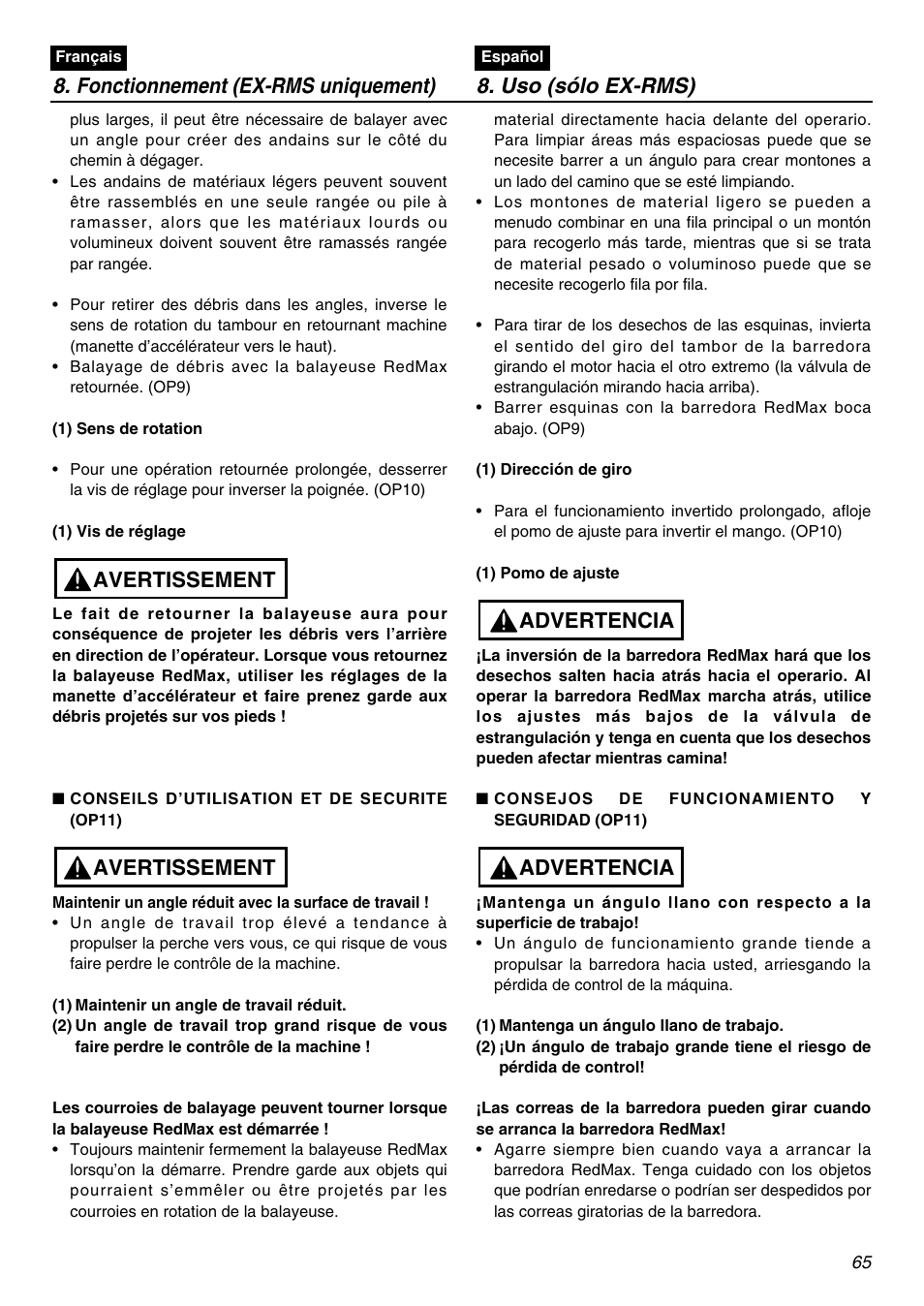 Advertencia, Avertissement | Zenoah EXZ2401S User Manual | Page 65 / 112