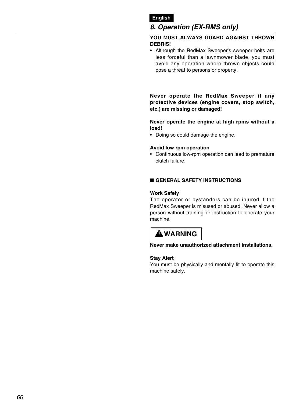 Operation (ex-rms only), Warning | Zenoah EXZ2401S User Manual | Page 66 / 112