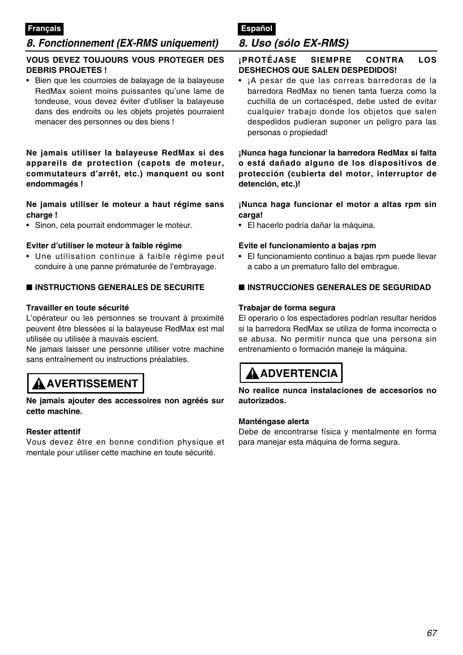 Advertencia | Zenoah EXZ2401S User Manual | Page 67 / 112