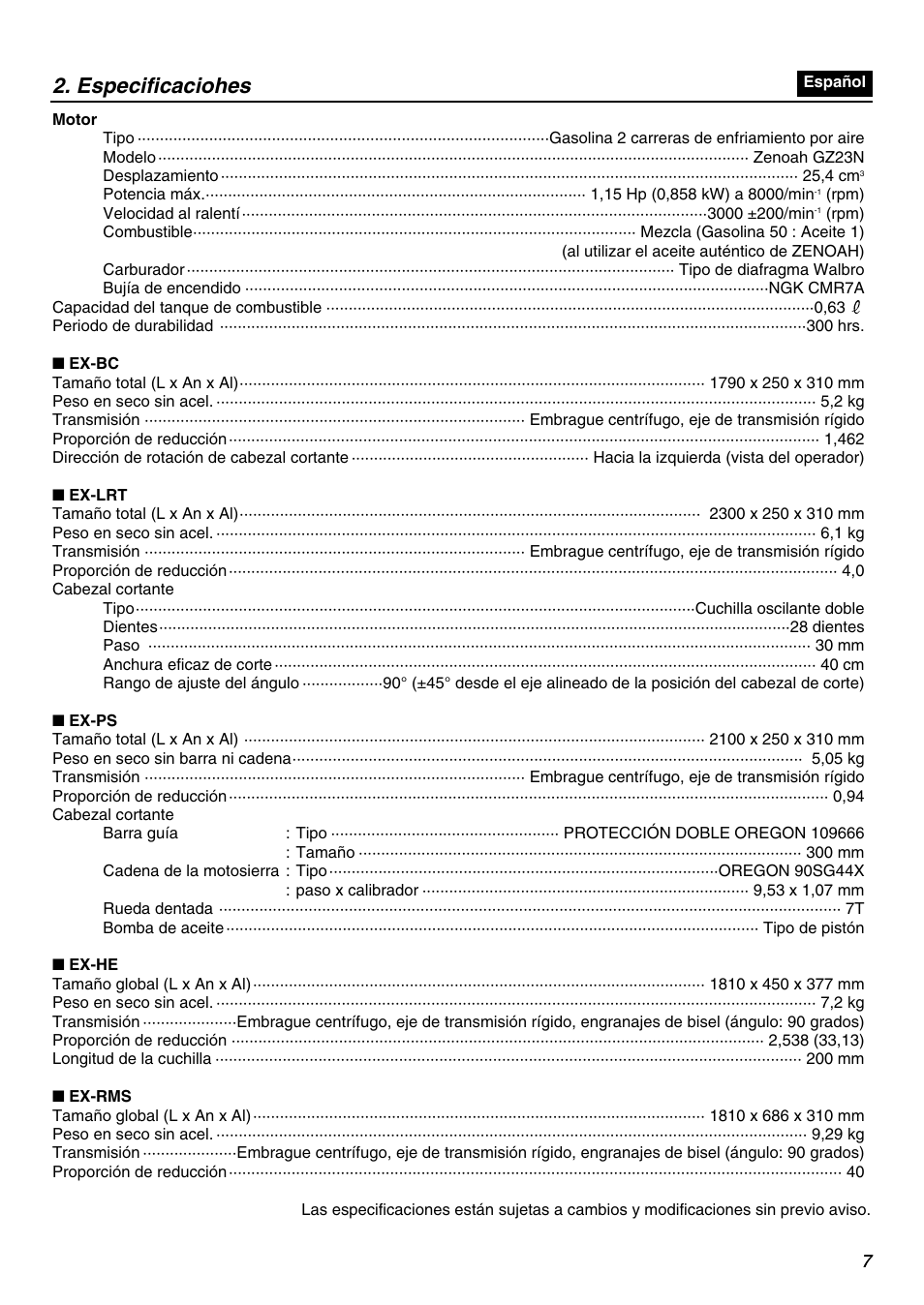 Especificaciohes | Zenoah EXZ2401S User Manual | Page 7 / 112