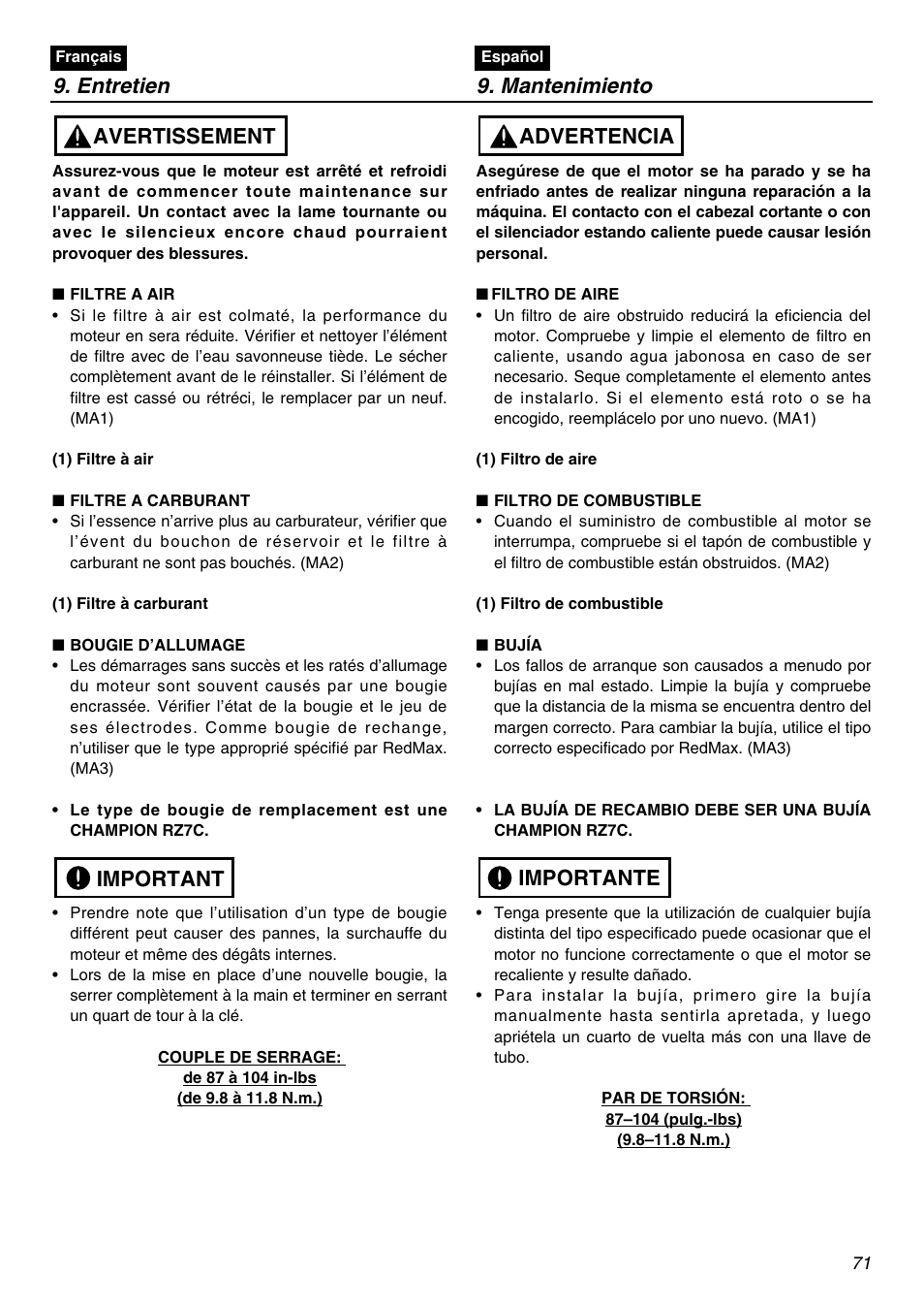 Entretien 9. mantenimiento, Important avertissement, Importante advertencia | Zenoah EXZ2401S User Manual | Page 71 / 112