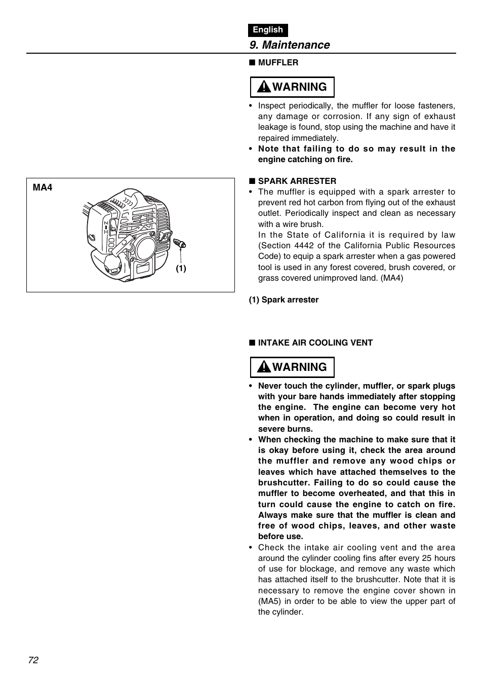 Maintenance, Warning | Zenoah EXZ2401S User Manual | Page 72 / 112