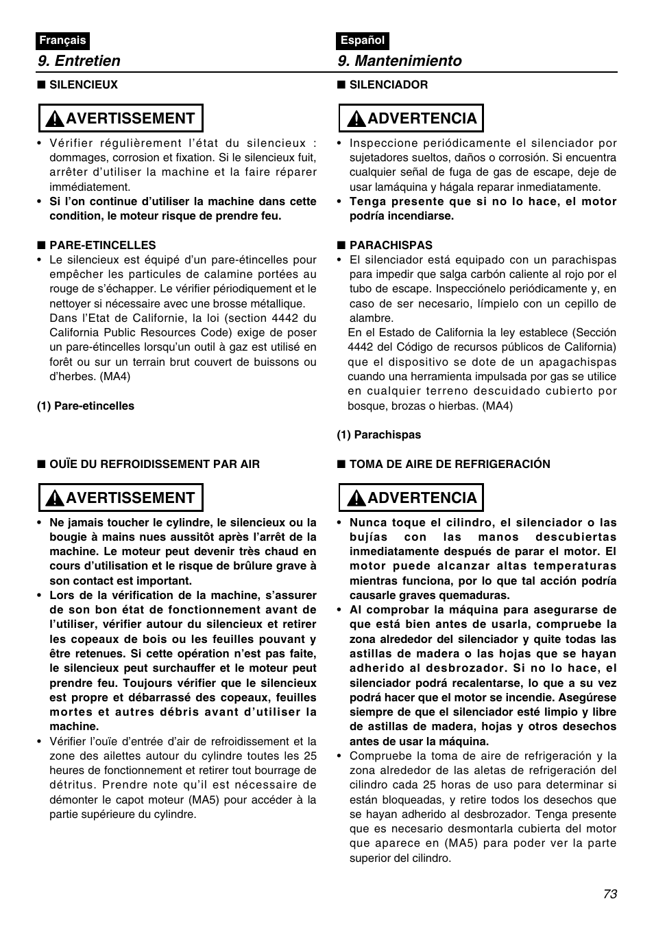 Entretien 9. mantenimiento, Avertissement, Advertencia | Zenoah EXZ2401S User Manual | Page 73 / 112