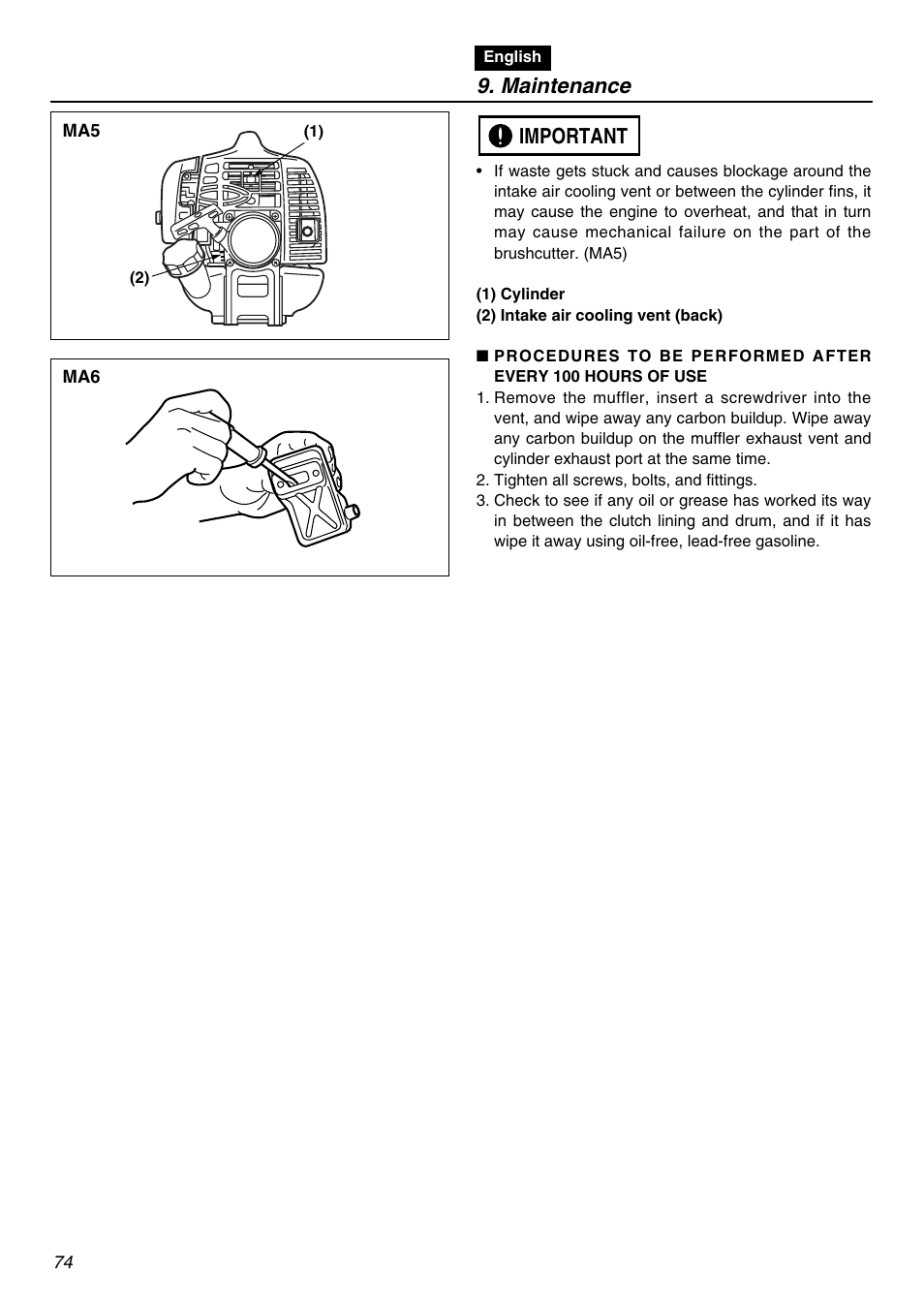 Maintenance, Important | Zenoah EXZ2401S User Manual | Page 74 / 112