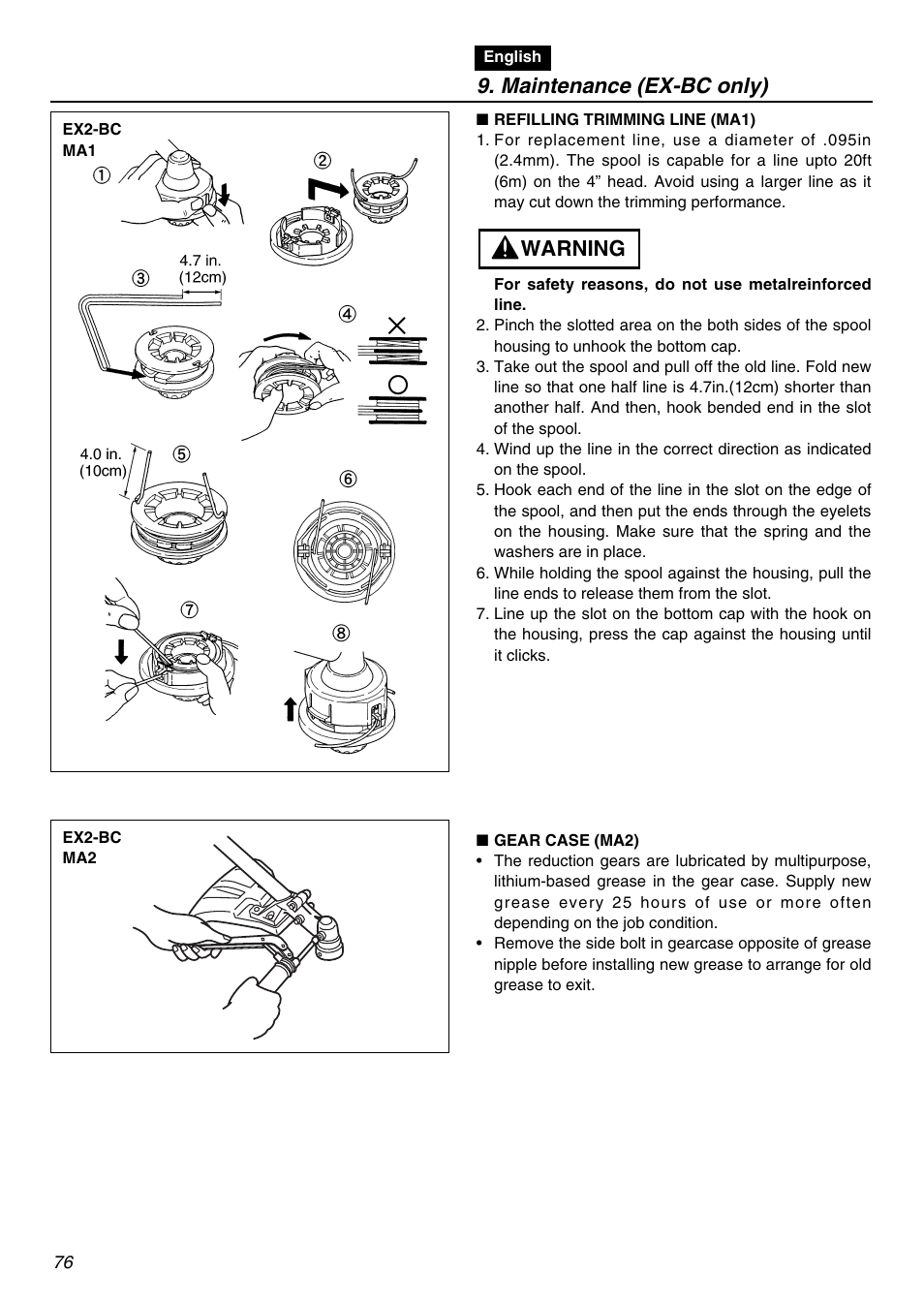 Maintenance (ex-bc only), Warning | Zenoah EXZ2401S User Manual | Page 76 / 112