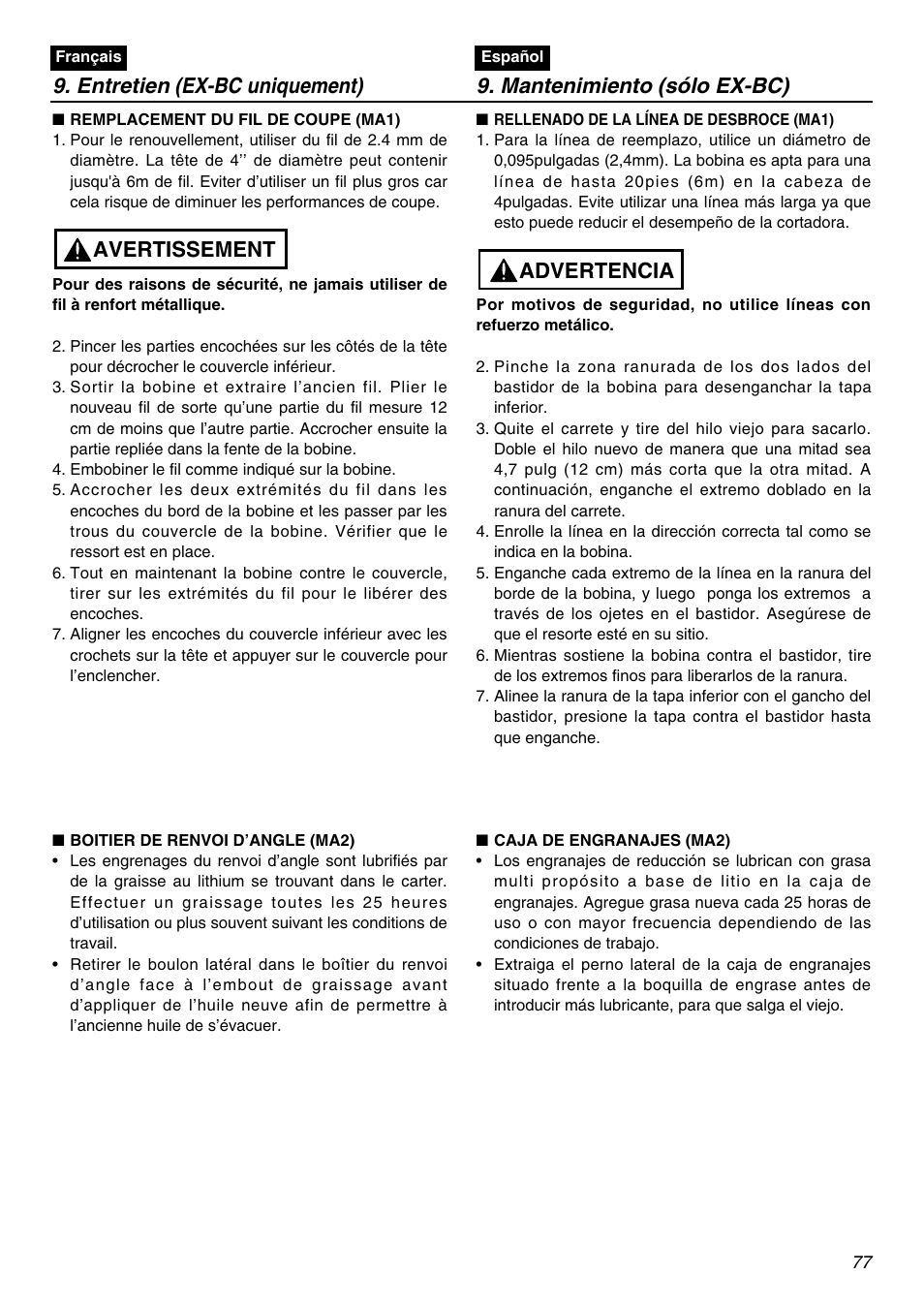 Avertissement, Advertencia | Zenoah EXZ2401S User Manual | Page 77 / 112