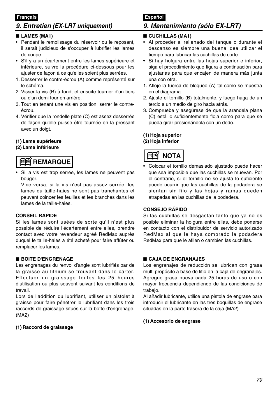 Remarque, Nota | Zenoah EXZ2401S User Manual | Page 79 / 112