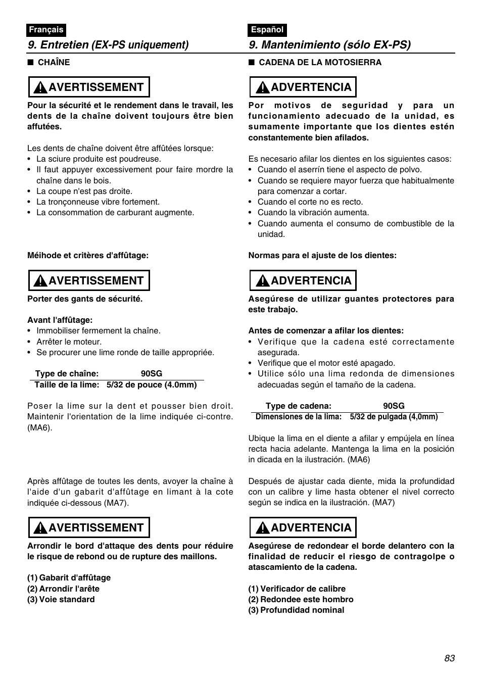 Avertissement, Advertencia | Zenoah EXZ2401S User Manual | Page 83 / 112