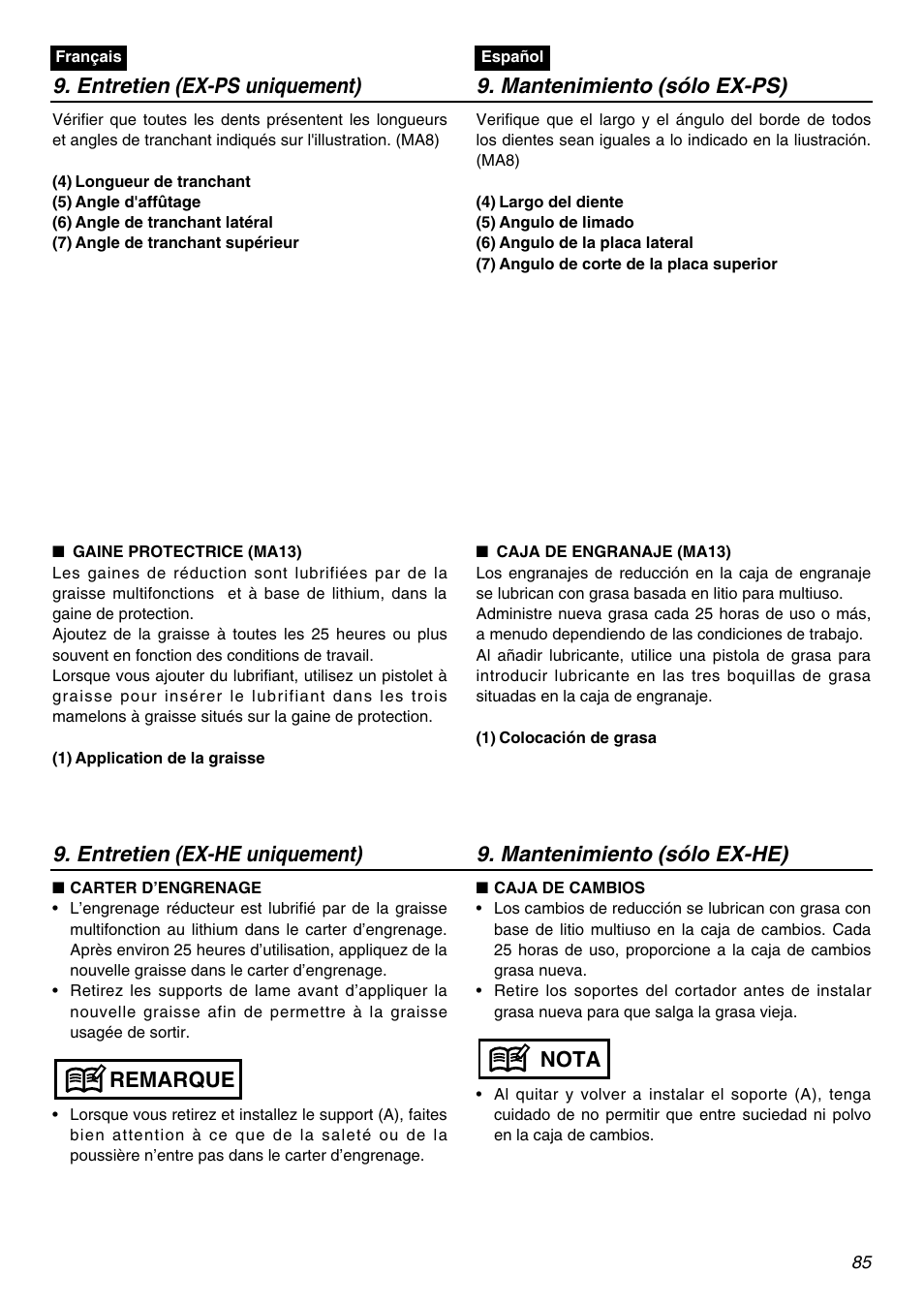 Remarque, Nota | Zenoah EXZ2401S User Manual | Page 85 / 112