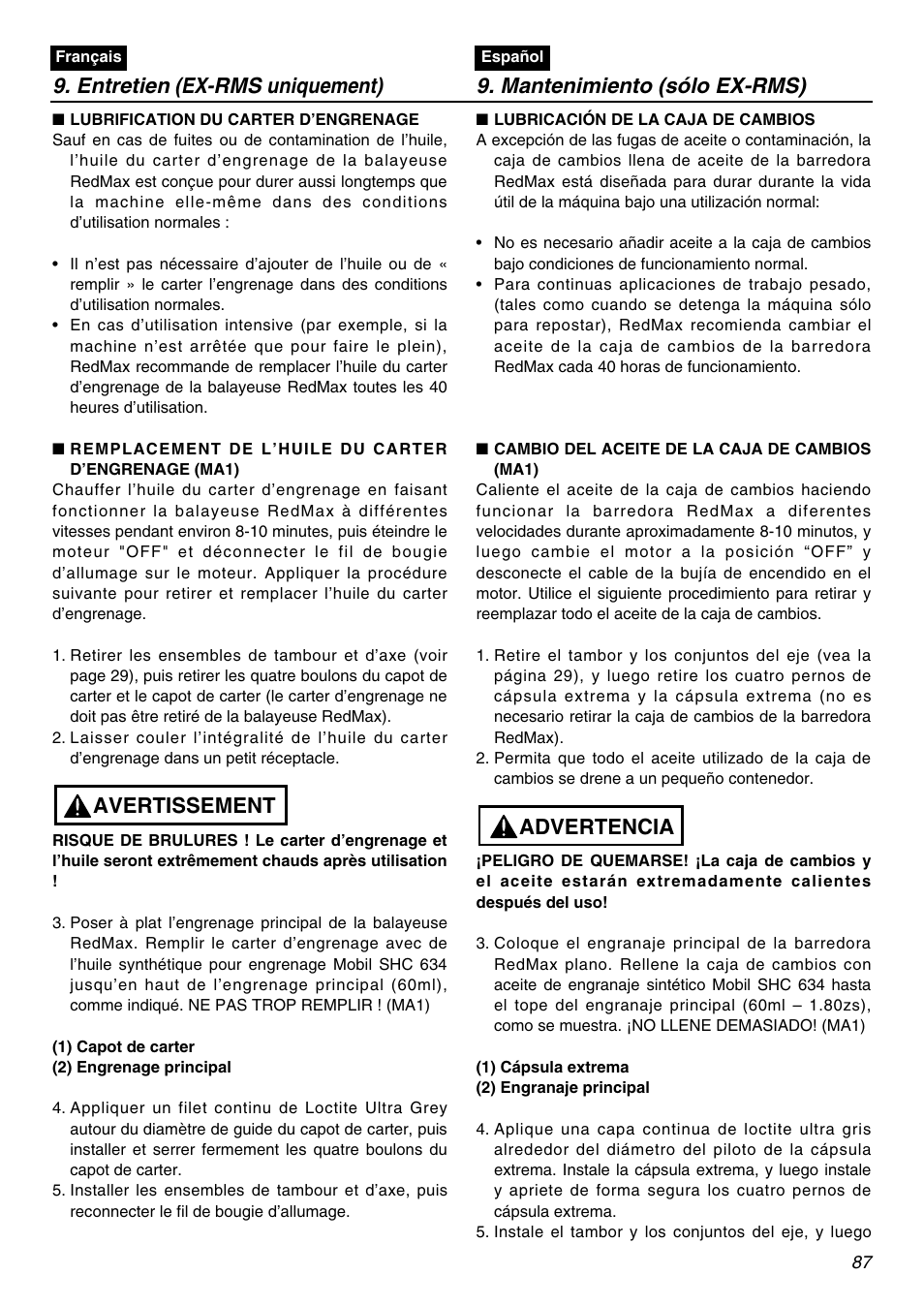 Avertissement, Advertencia | Zenoah EXZ2401S User Manual | Page 87 / 112