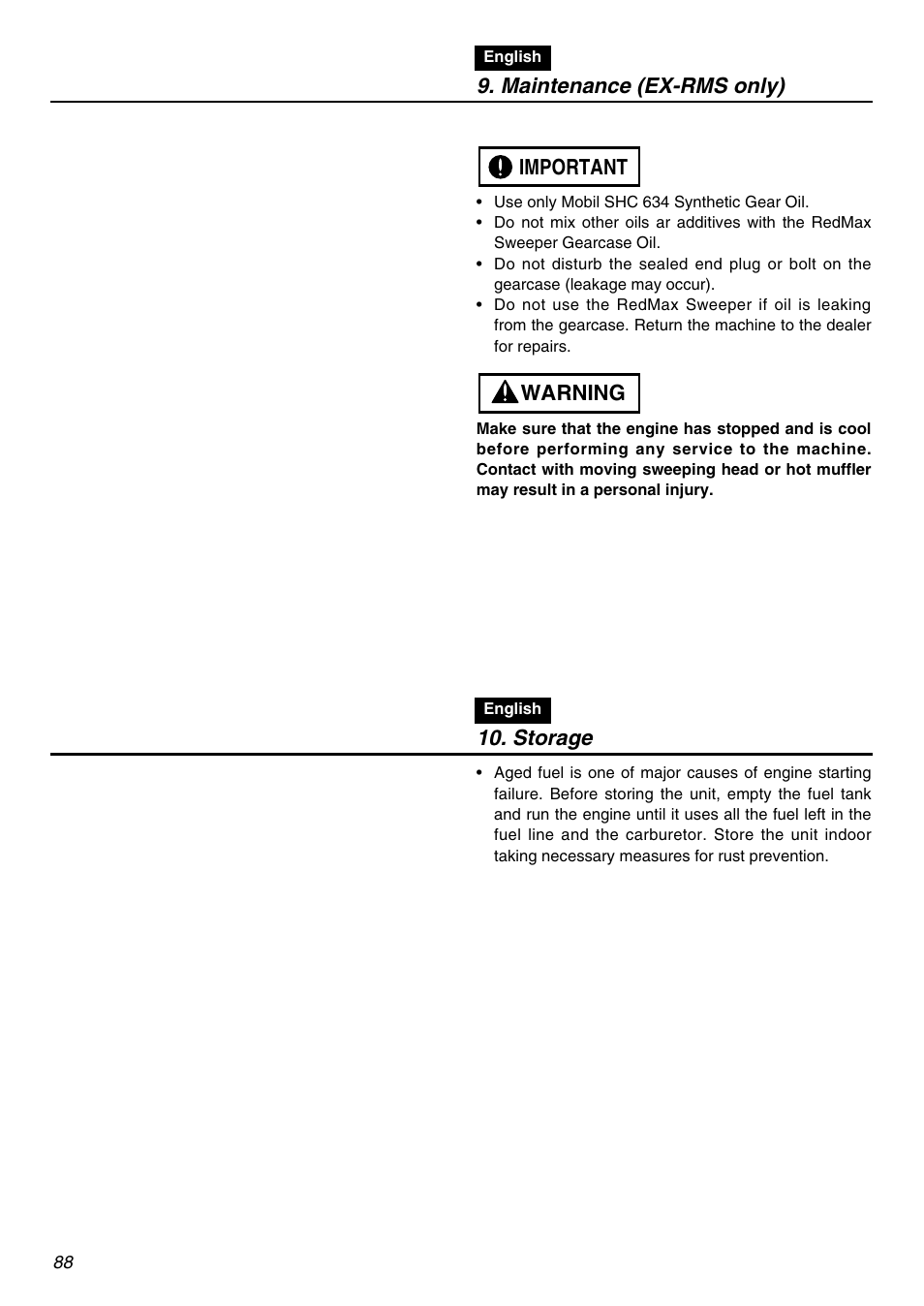 Maintenance (ex-rms only), Warning important, Storage | Zenoah EXZ2401S User Manual | Page 88 / 112