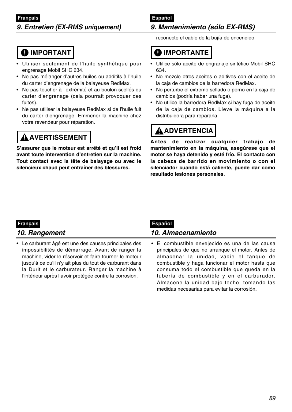 Avertissement important, Advertencia importante, Rangement 10. almacenamiento | Zenoah EXZ2401S User Manual | Page 89 / 112