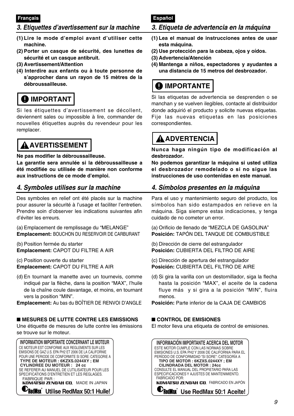 Avertissement important, Advertencia importante | Zenoah EXZ2401S User Manual | Page 9 / 112