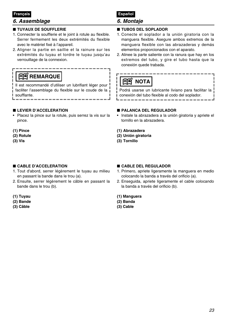 Assemblage 6. montaje, Remarque, Nota | Zenoah EBZ3000RH User Manual | Page 23 / 60