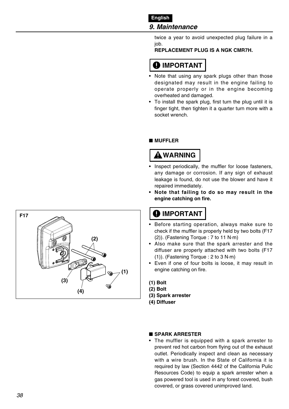 Maintenance, Important warning important | Zenoah EBZ3000RH User Manual | Page 38 / 60