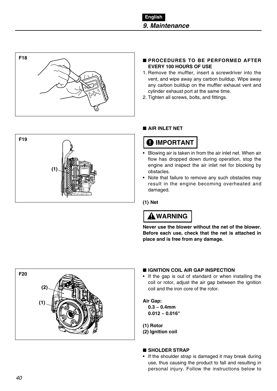 Maintenance, Warning important | Zenoah EBZ3000RH User Manual | Page 40 / 60