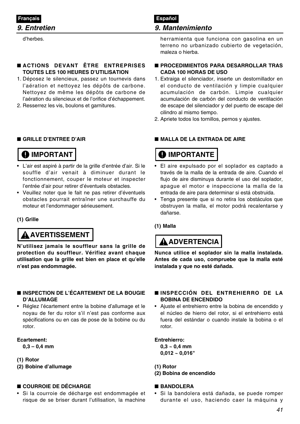 Entretien 9. mantenimiento, Avertissement important, Advertencia importante | Zenoah EBZ3000RH User Manual | Page 41 / 60