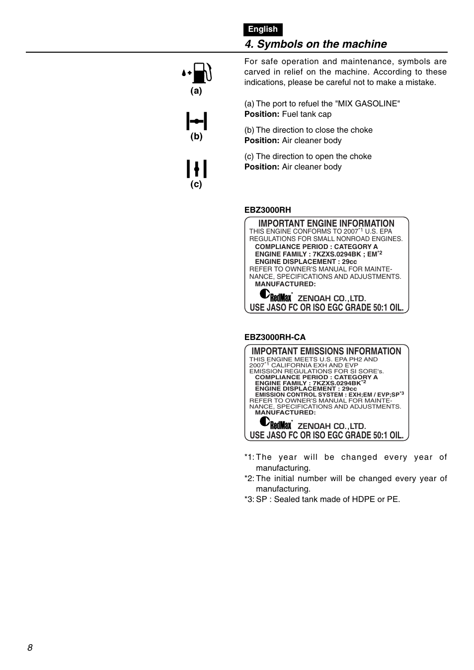 Symbols on the machine, Important engine information, Use jaso fc or iso egc grade 50:1 oil | Zenoah EBZ3000RH User Manual | Page 8 / 60