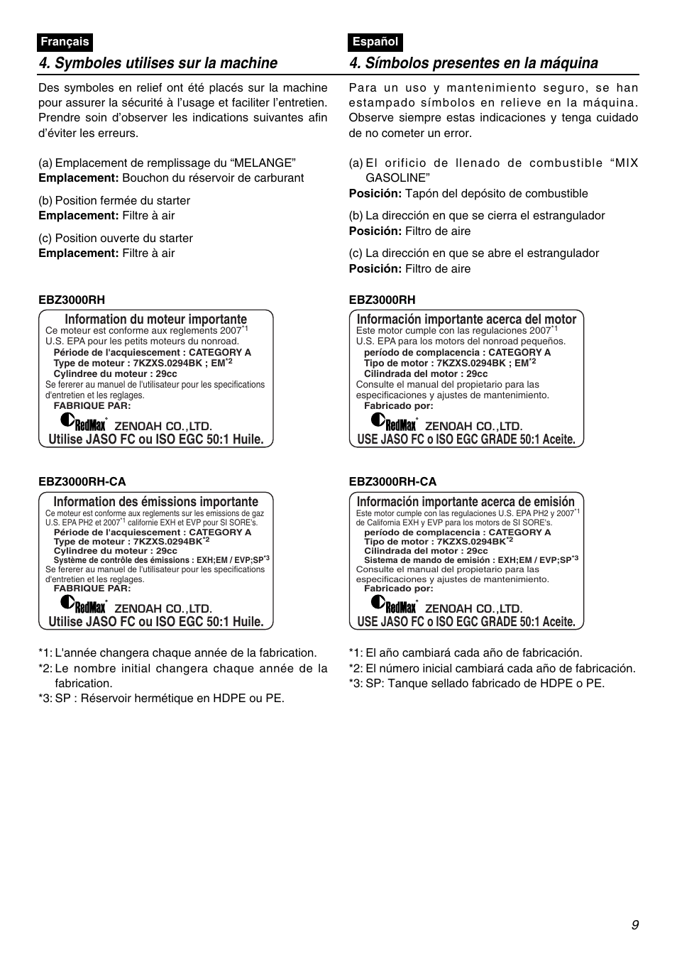 Information du moteur importante, Utilise jaso fc ou iso egc 50:1 huile, Información importante acerca del motor | Use jaso fc o iso egc grade 50:1 aceite | Zenoah EBZ3000RH User Manual | Page 9 / 60