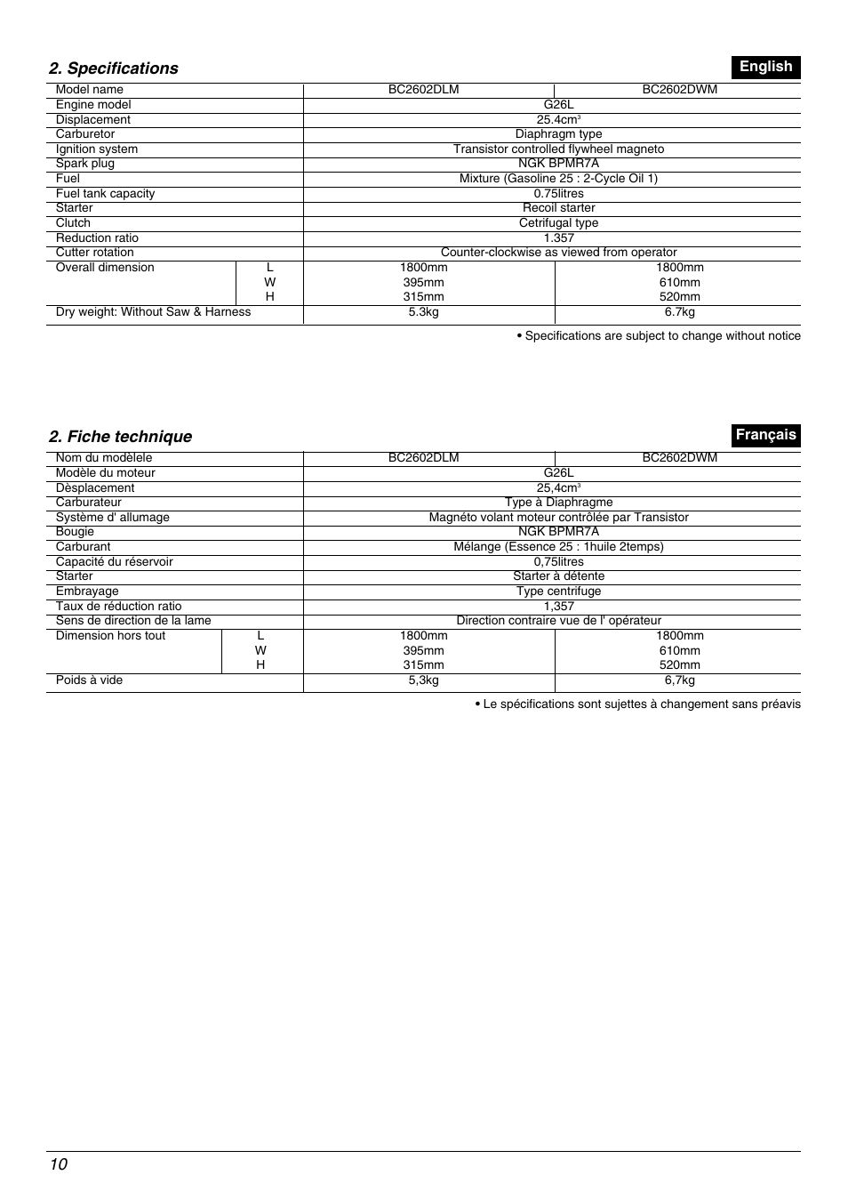 Specifications, Fiche technique | Zenoah BC2602DLM User Manual | Page 10 / 60