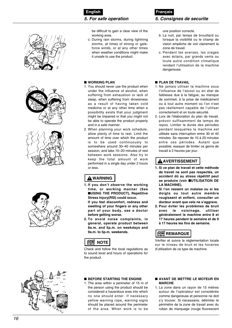 For safe operation 5. consignes de securite | Zenoah BC2602DLM User Manual | Page 16 / 60