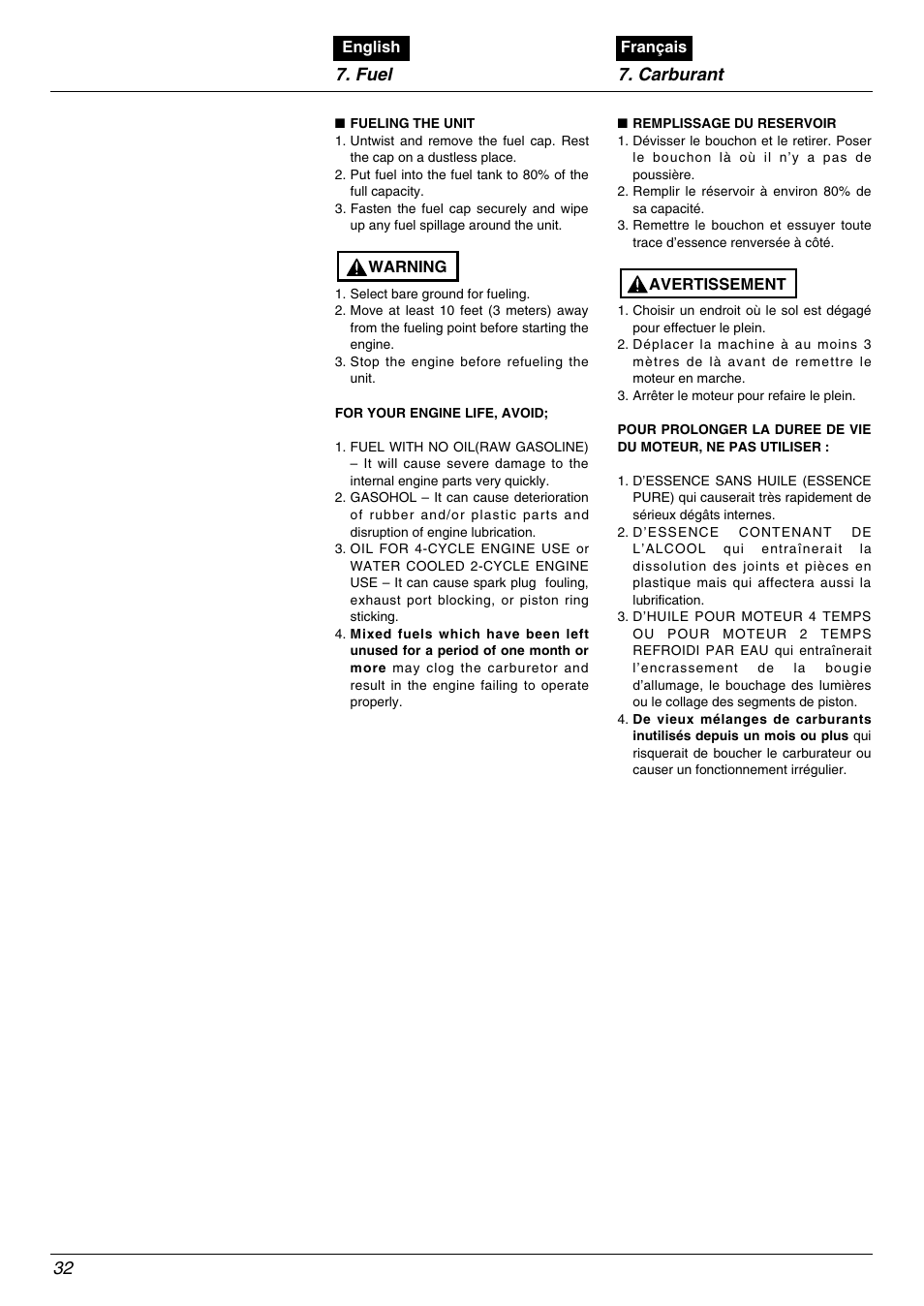 32 7. fuel 7. carburant | Zenoah BC2602DLM User Manual | Page 32 / 60