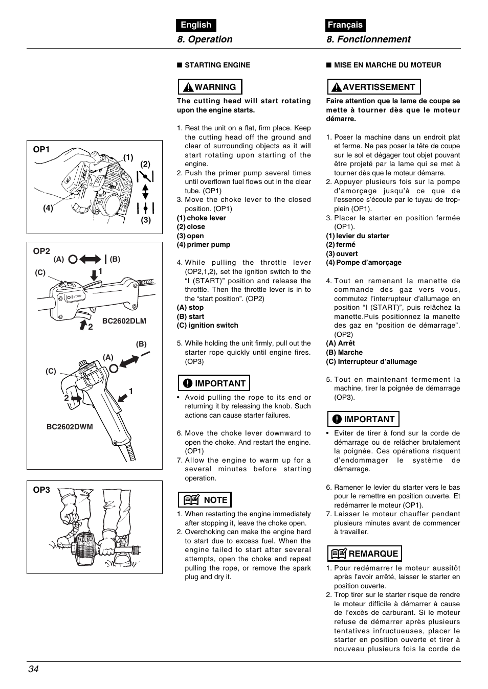 Operation 8. fonctionnement 34 | Zenoah BC2602DLM User Manual | Page 34 / 60
