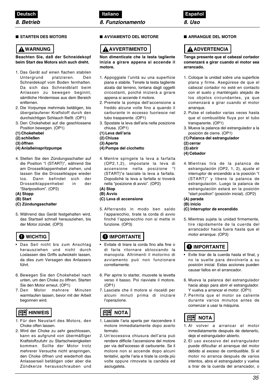Betrieb 8. funzionamento 8. uso 35 | Zenoah BC2602DLM User Manual | Page 35 / 60