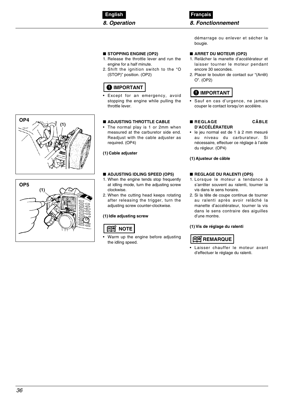 Operation 8. fonctionnement 36 | Zenoah BC2602DLM User Manual | Page 36 / 60