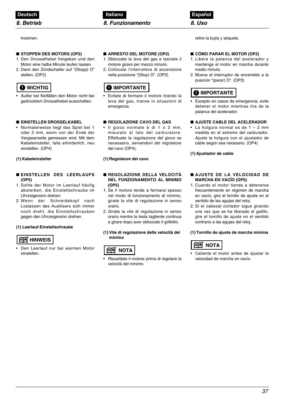 Betrieb 8. funzionamento 8. uso 37 | Zenoah BC2602DLM User Manual | Page 37 / 60