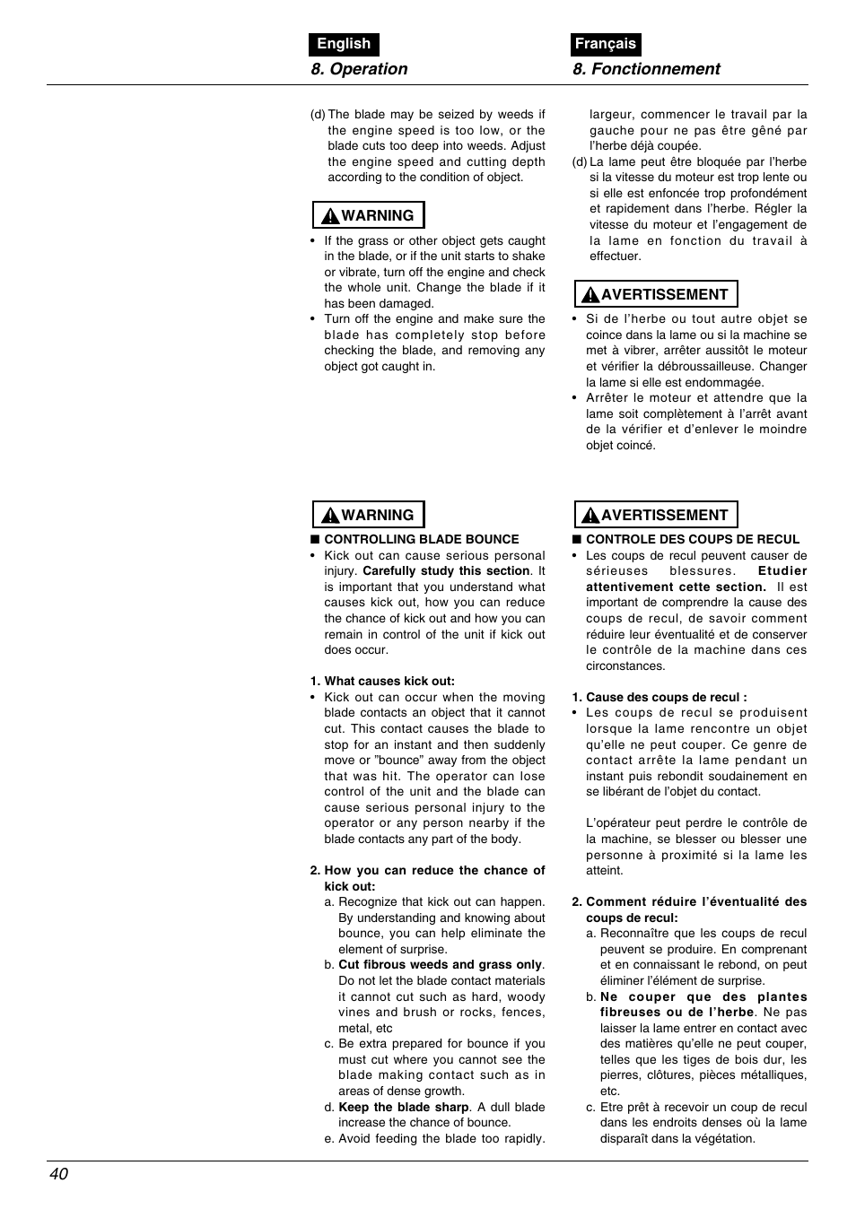 Operation 8. fonctionnement 40 | Zenoah BC2602DLM User Manual | Page 40 / 60