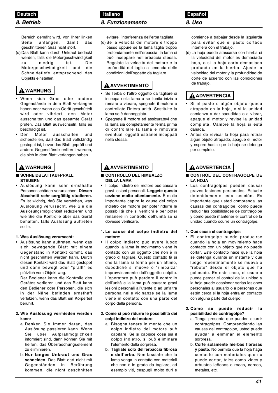 Betrieb 8. funzionamento 8. uso 41 | Zenoah BC2602DLM User Manual | Page 41 / 60
