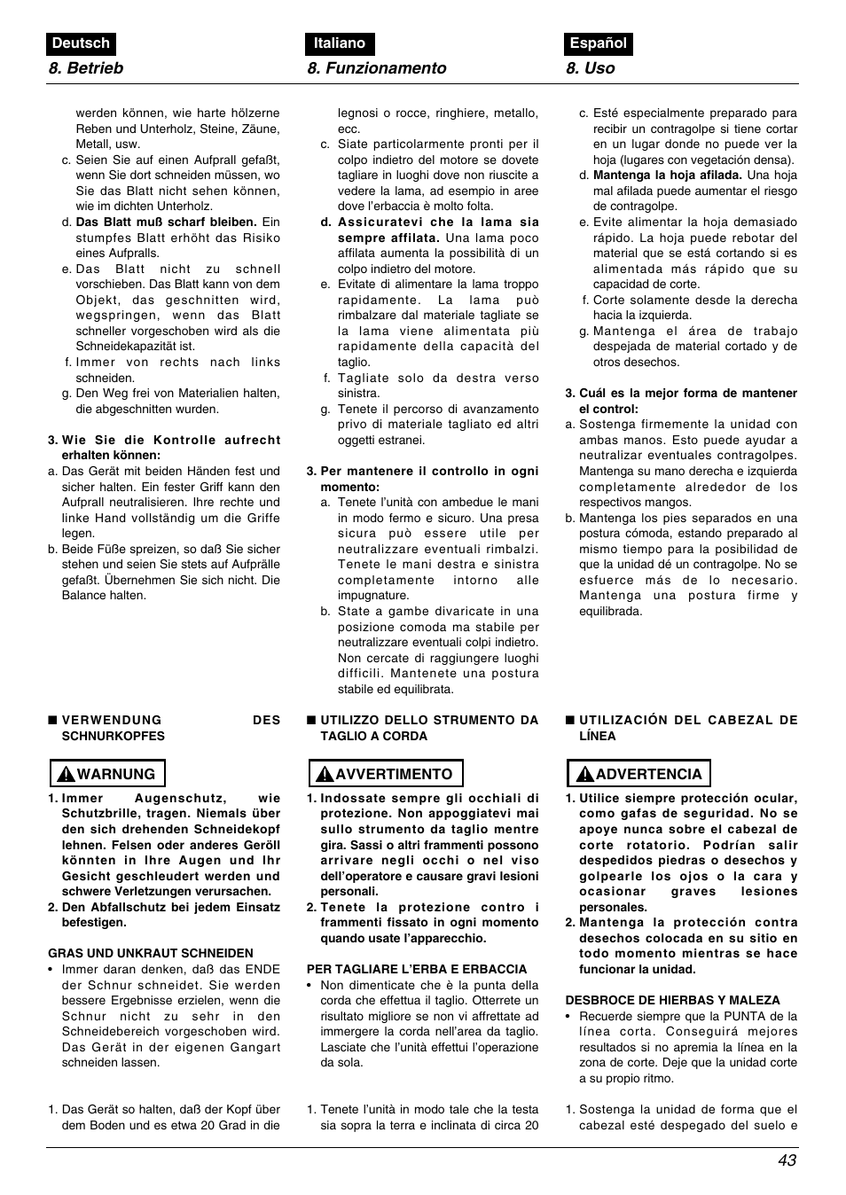 Betrieb 8. funzionamento 8. uso 43 | Zenoah BC2602DLM User Manual | Page 43 / 60