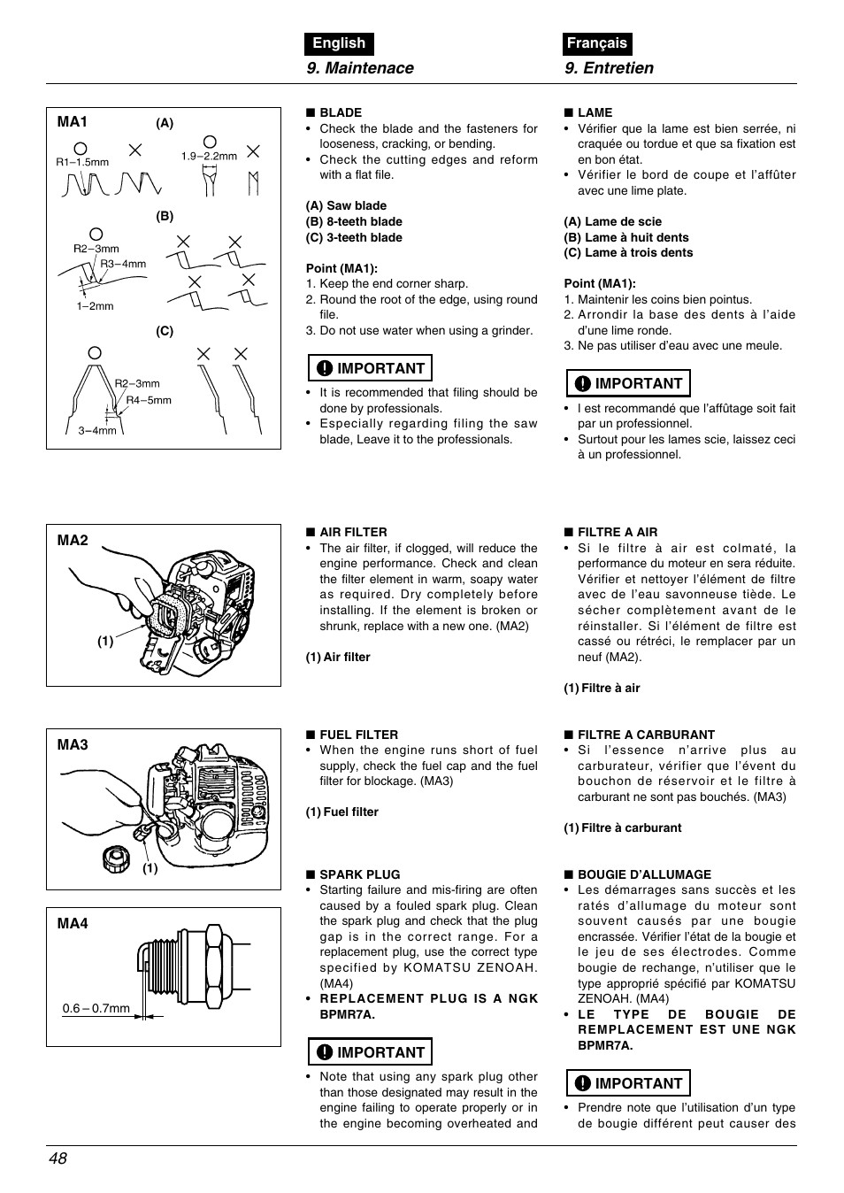 Maintenace 9. entretien 48 | Zenoah BC2602DLM User Manual | Page 48 / 60