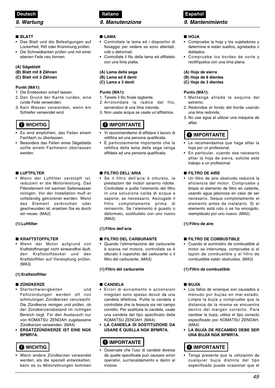 Wartung 9. manutenzione 9. mantenimiento 49 | Zenoah BC2602DLM User Manual | Page 49 / 60