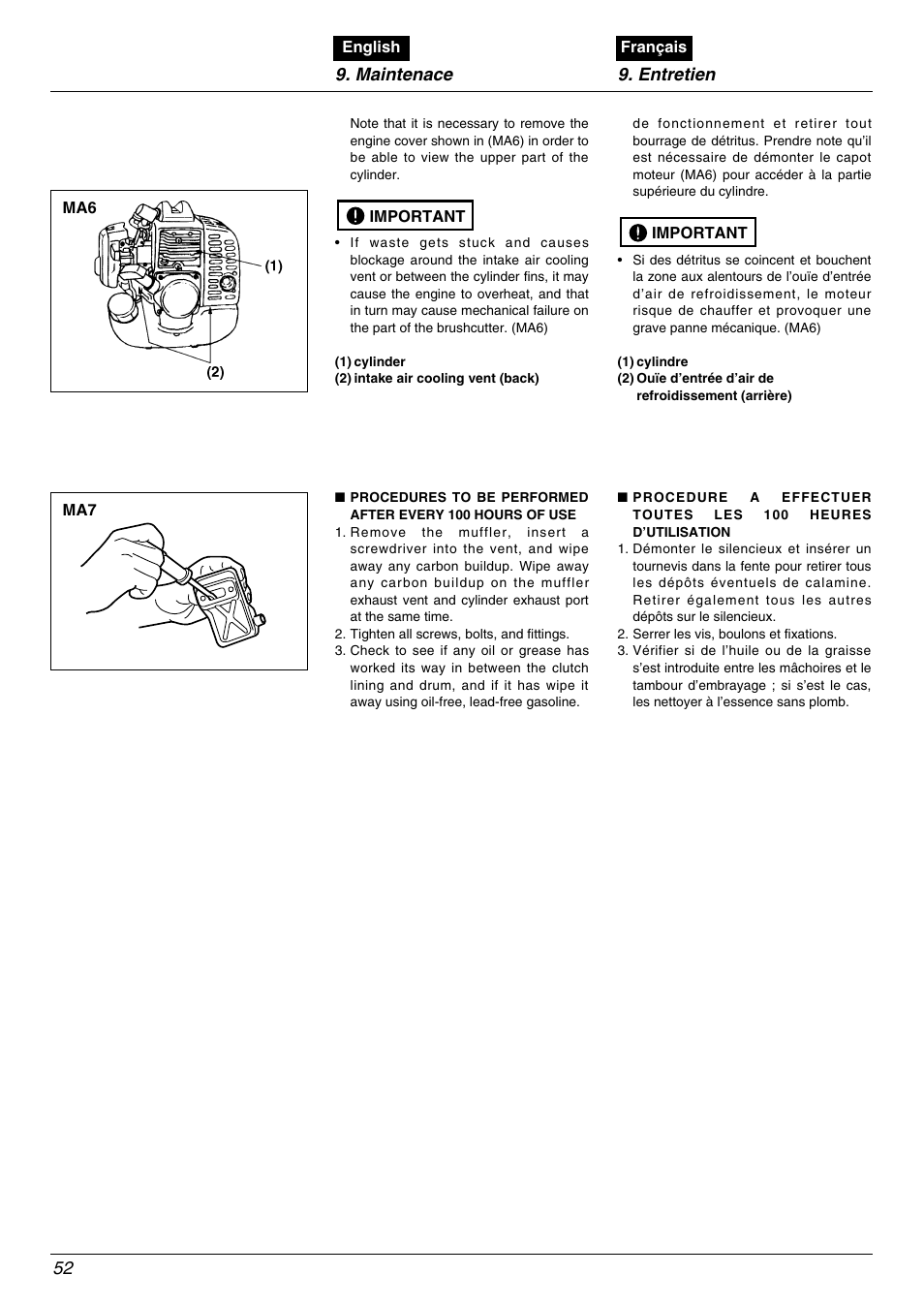 Maintenace 9. entretien 52 | Zenoah BC2602DLM User Manual | Page 52 / 60