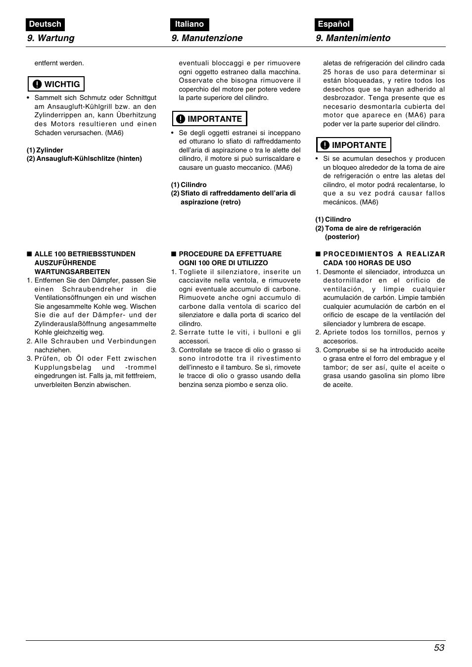 Wartung 9. manutenzione 9. mantenimiento 53 | Zenoah BC2602DLM User Manual | Page 53 / 60
