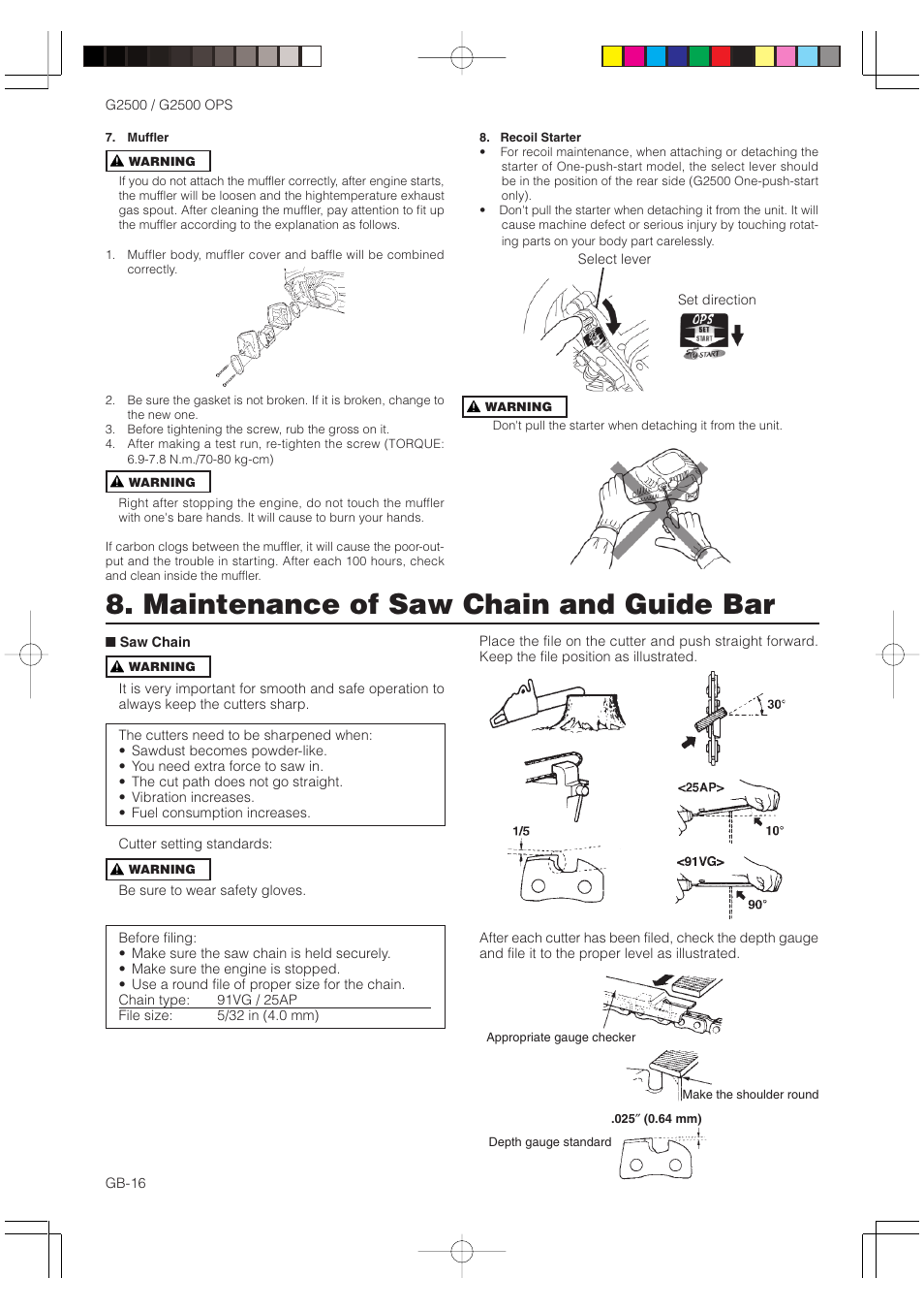 Maintenance of saw chain and guide bar | Zenoah G2500 OPS User Manual | Page 16 / 19