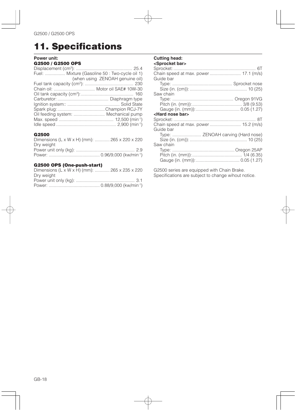 Specifications | Zenoah G2500 OPS User Manual | Page 18 / 19