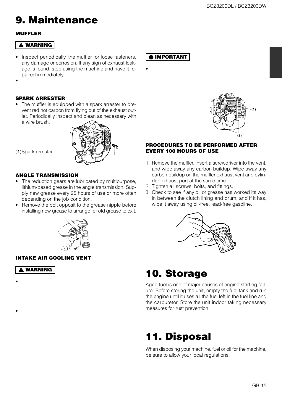 Storage, Maintenance, Disposal | Zenoah BCZ3200DW User Manual | Page 15 / 16