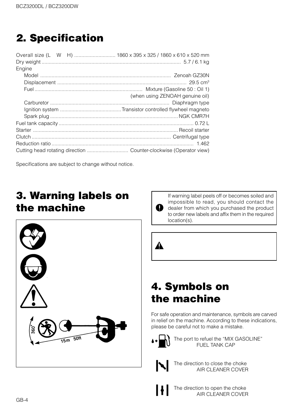 Specification | Zenoah BCZ3200DW User Manual | Page 4 / 16