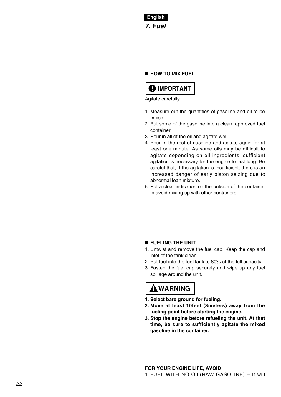 Warning important 7. fuel | Zenoah HEZ2610F User Manual | Page 22 / 56