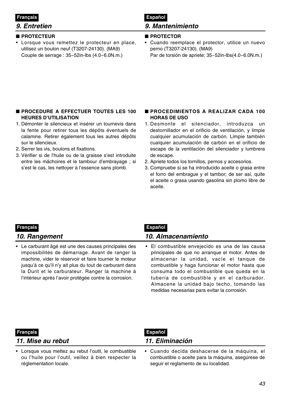 Entretien 9. mantenimiento, Almacenamiento, Rangement | Mise au rebut, Eliminación | Zenoah HEZ2610F User Manual | Page 43 / 56