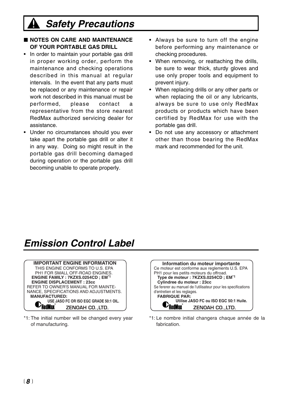 Safety precautions, Emission control label | Zenoah EDG2300 User Manual | Page 8 / 24