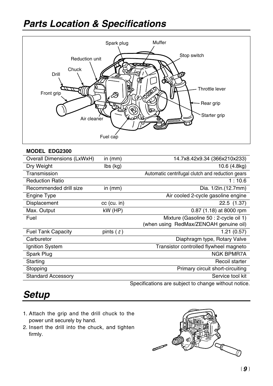 Parts location & specifications setup | Zenoah EDG2300 User Manual | Page 9 / 24