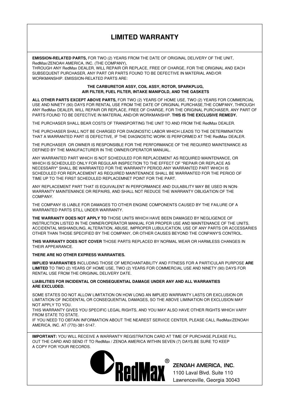 Limited warranty | Zenoah EB4401 User Manual | Page 25 / 28