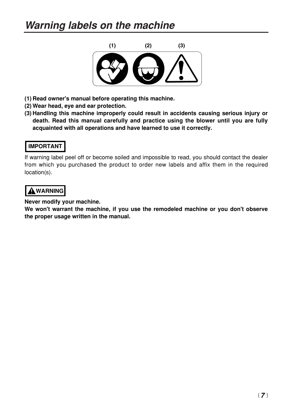 Warning labels on the machine | Zenoah EB4401 User Manual | Page 7 / 28